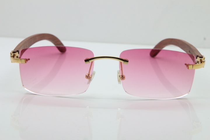 Cartier Rimless 8200757 SunGlasses Original Wood Sunglasses in Gold Pink Lens