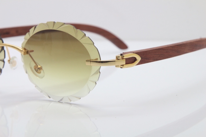 Cartier Rimless Original Wood T8200761 Sunglasses in Gold Brown Carved Lens