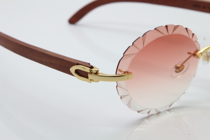 Cartier Rimless Original Wood T8200761 Sunglasses in Gold Pink Carved Lens