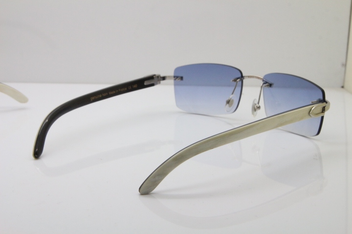 Cartier Rimless 8200758 SunGlasses Original White Inside Black Buffalo Horn Sunglasses in Silver Blue Lens