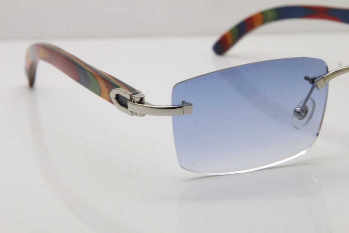 Cartier Rimless 8200757 SunGlasses Original Peacock Wood Sunglasses in Silver Blue Lens