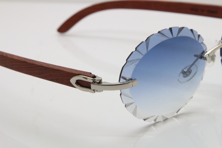 Cartier Rimless Original Wood T8200761 Sunglasses in Gold Blue Carved Lens