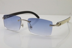 Cartier Rimless 8200758 SunGlasses Original White Inside Black Buffalo Horn Sunglasses in Silver Blue Lens