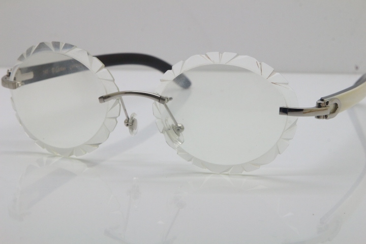 Cartier Rimless Original White Inside Black Buffalo Horn T8200761 Eyeglasses in Silver Transparent Carved Lens