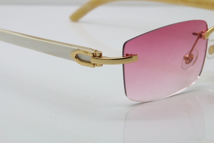 Cartier Rimless 8200758 SunGlasses Original White Genuine Natural Horn Sunglasses in Silver Pink Lens