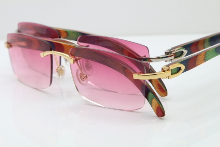 Cartier Rimless 8200757 SunGlasses Original Peacock Wood Sunglasses in Gold Pink Lens