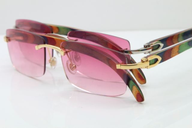 Cartier Rimless 8200757 SunGlasses Original Peacock Wood Sunglasses in Gold Pink Lens