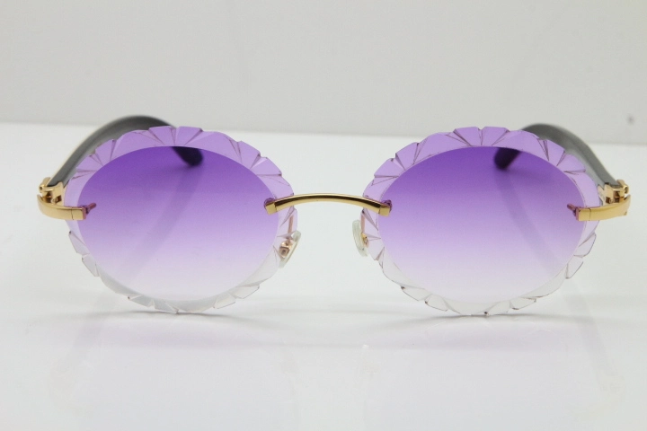 Cartier Rimless Original White Inside Black Buffalo Horn T8200761 Sunglasses in Gold Purple Carved Lens