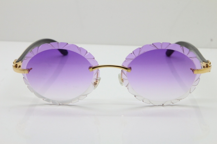 Cartier Rimless Original White Inside Black Buffalo Horn T8200761 Sunglasses in Gold Purple Carved Lens