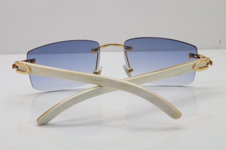 Cartier Rimless 8200757 SunGlasses Original White Genuine Natural Horn Sunglasses in Gold Blue Lens