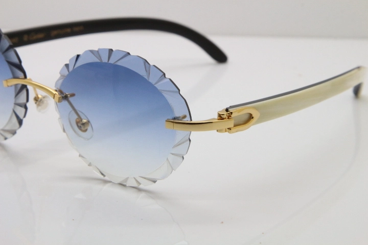 Cartier Rimless Original White Inside Black Buffalo Horn T8200761 Sunglasses in Gold Blue Carved Lens