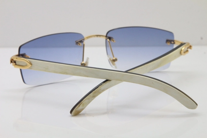 Cartier Rimless 8200758 SunGlasses Original White Inside Black Buffalo Horn Sunglasses in Silver Blue Lens