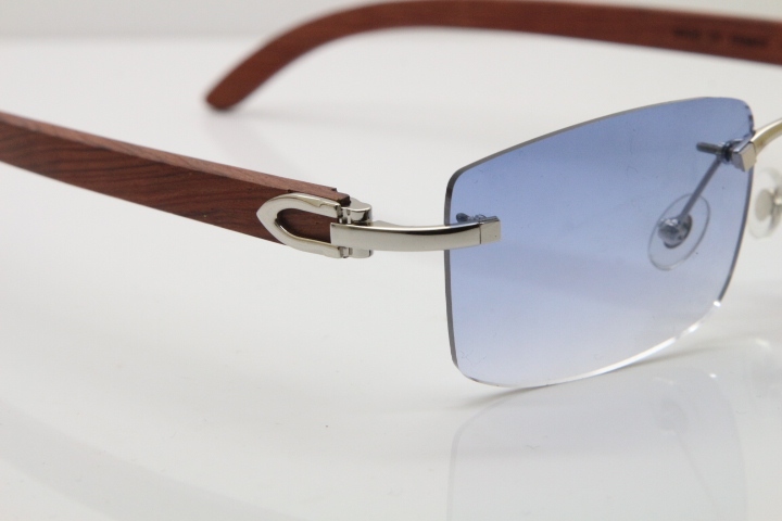 Cartier Rimless 8200758 SunGlasses Original Wood Sunglasses in Silver Blue Lens