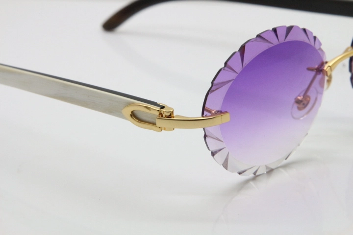 Cartier Rimless Original White Inside Black Buffalo Horn T8200761 Sunglasses in Gold Purple Carved Lens