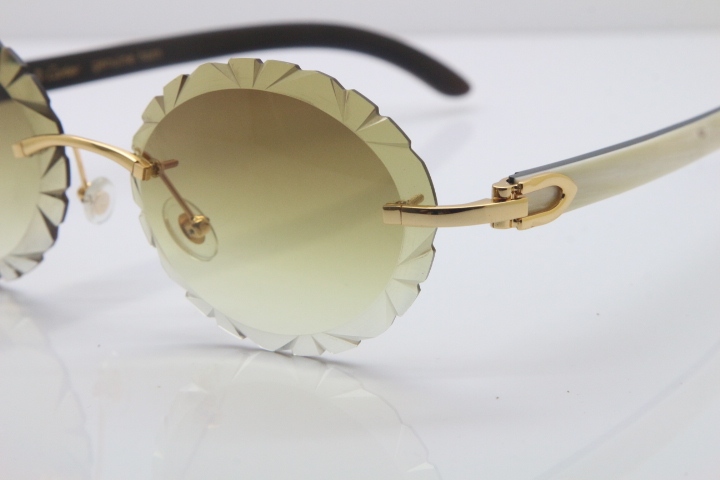 Cartier Rimless Original White Inside Black Buffalo Horn T8200761 Sunglasses in Gold Brown Carved Lens