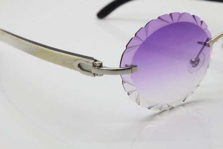 Cartier Rimless Original White Inside Black Buffalo Horn T8200761 Sunglasses in Gold Purple Carved Lens