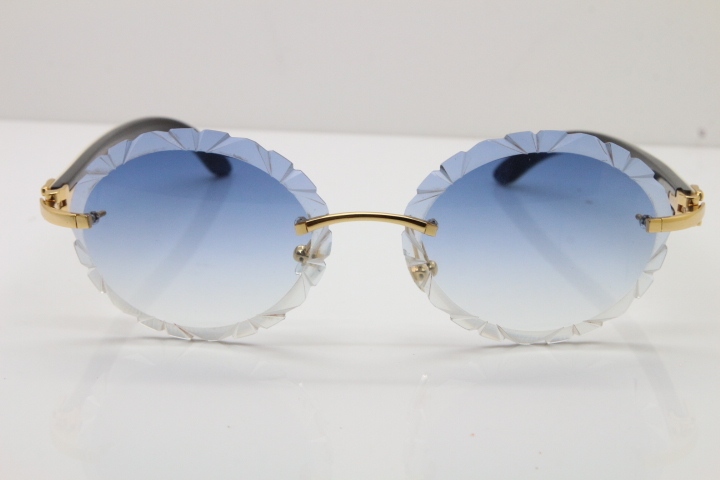 Cartier Rimless Original White Inside Black Buffalo Horn T8200761 Sunglasses in Gold Blue Carved Lens