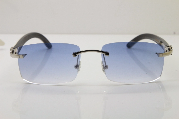 Cartier Rimless 8200758 SunGlasses Original White Inside Black Buffalo Horn Sunglasses in Silver Blue Lens