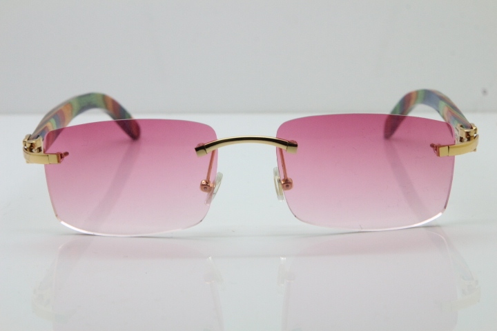 Cartier Rimless 8200757 SunGlasses Original Peacock Wood Sunglasses in Gold Pink Lens