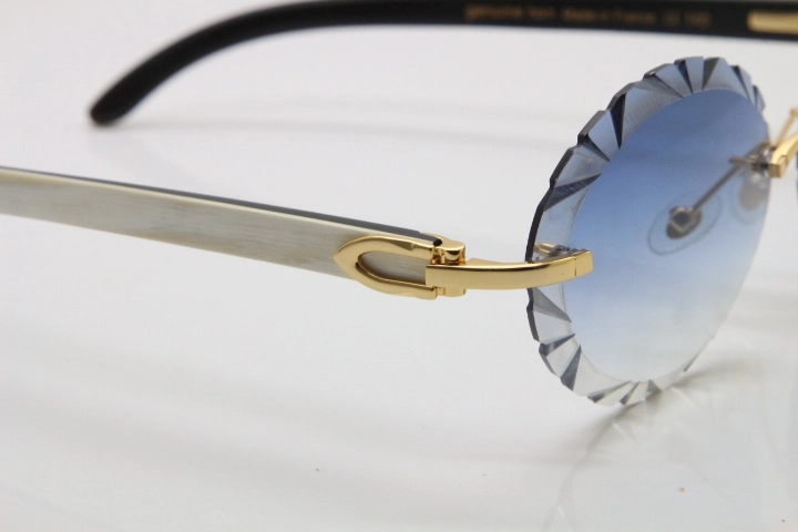 Cartier Rimless Original White Inside Black Buffalo Horn T8200761 Sunglasses in Gold Blue Carved Lens