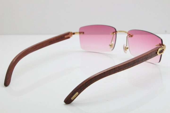 Cartier Rimless 8200757 SunGlasses Original Carved Wood Sunglasses in Gold Pink Lens