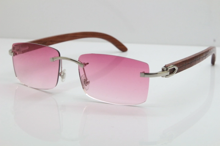 Cartier Rimless 8200757 SunGlasses Original Carved Wood Sunglasses in Gold Pink Lens