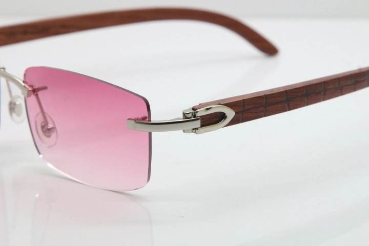 Cartier Rimless 8200757 SunGlasses Original Carved Wood Sunglasses in Gold Pink Lens