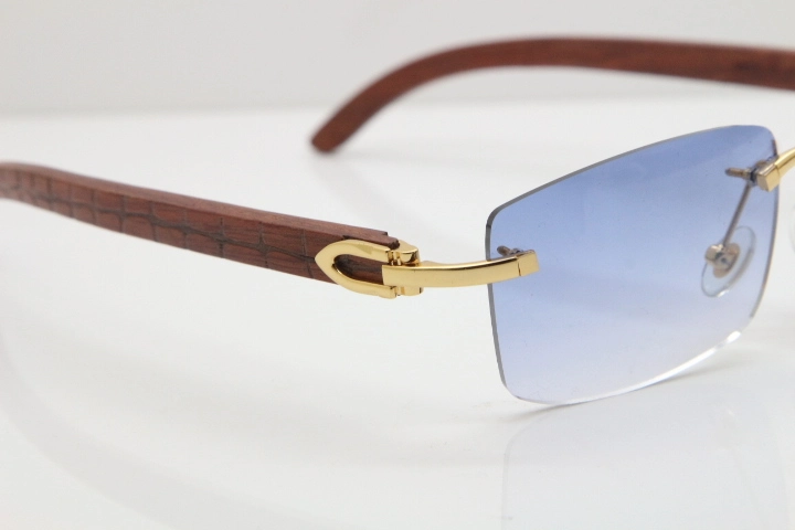 Cartier Rimless 8200757 SunGlasses Original Carved Wood Sunglasses in Gold Blue Lens