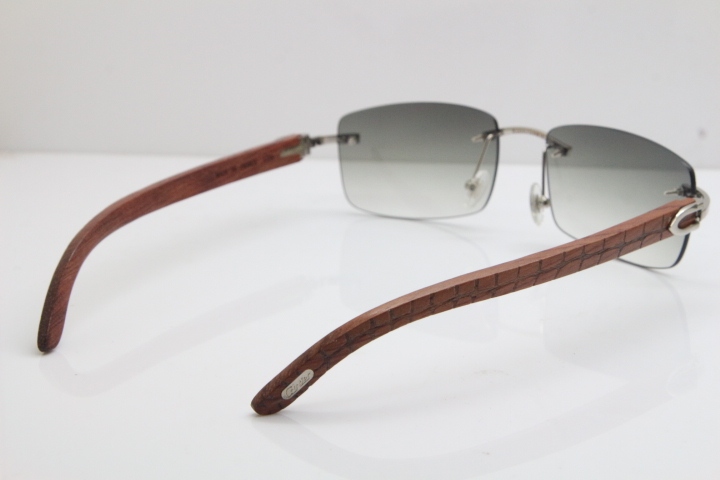 New Cartier Rimless 8200757 SunGlasses Original Carved Wood Sunglasses in Gold Light Green Lens