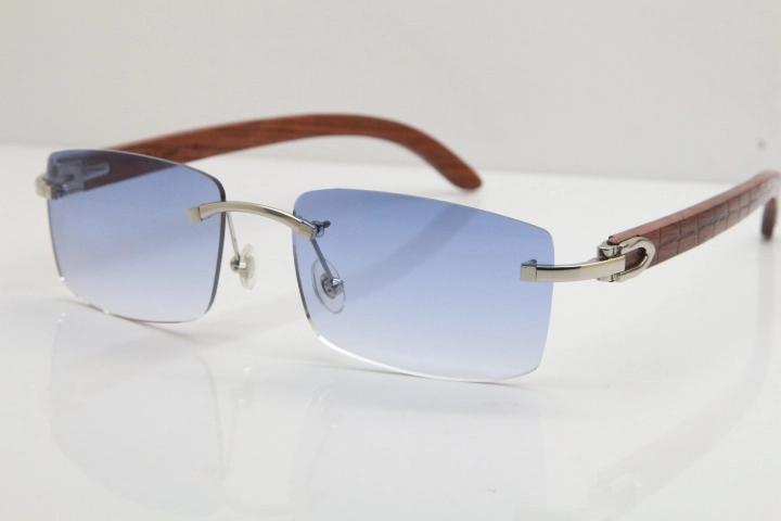 Cartier Rimless 8200757 SunGlasses Original Carved Wood Sunglasses in Gold Blue Lens