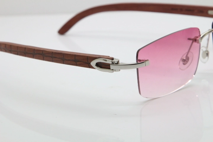 Cartier Rimless 8200757 SunGlasses Original Carved Wood Sunglasses in Gold Pink Lens