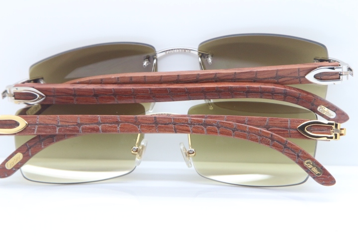 New Cartier Rimless 8200757 SunGlasses Original Carved Wood Sunglasses in Gold Brown Lens