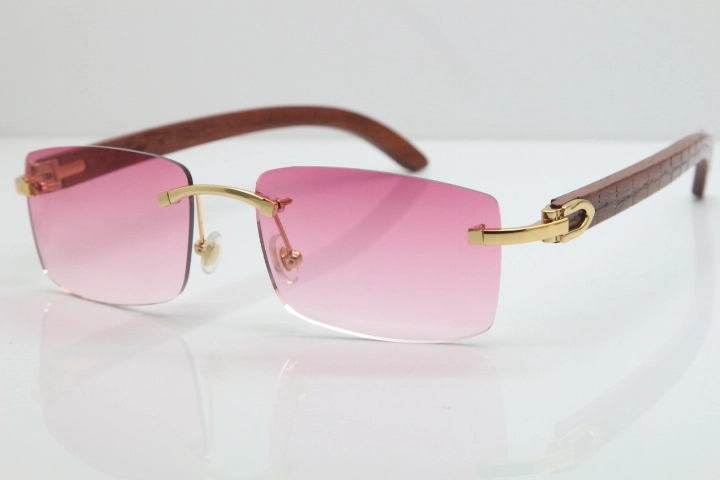 Cartier Rimless 8200757 SunGlasses Original Carved Wood Sunglasses in Gold Pink Lens