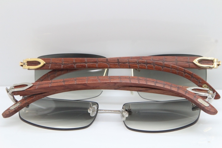 New Cartier Rimless 8200757 SunGlasses Original Carved Wood Sunglasses in Gold Light Green Lens