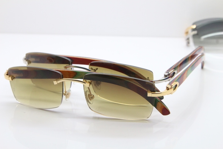 Cartier Rimless 8200757 SunGlasses Original Peacock Wood Sunglasses in Gold Brown Lens