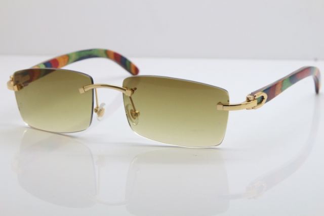 Cartier Rimless 8200757 SunGlasses Original Peacock Wood Sunglasses in Gold Brown Lens