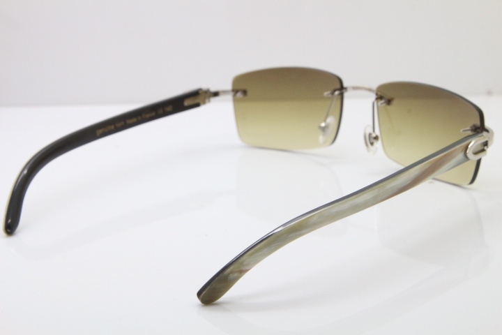 Hot Cartier Rimless 8200757 Original White Inside Black Buffalo Horn Sunglasses In Gold Brown Lnes