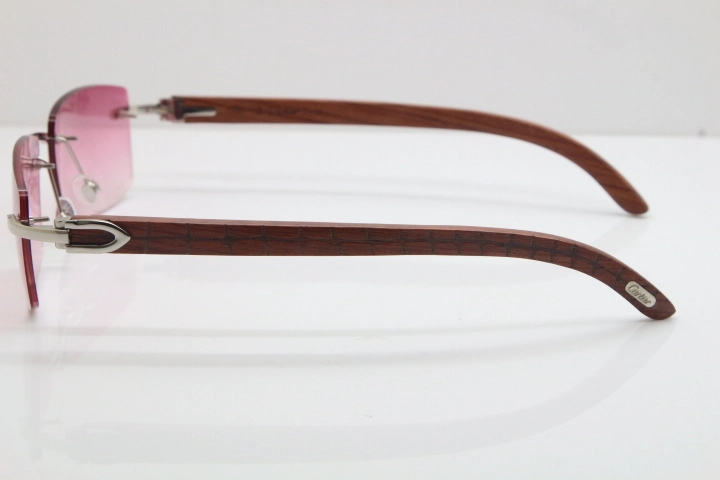 Cartier Rimless 8200757 SunGlasses Original Carved Wood Sunglasses in Gold Pink Lens