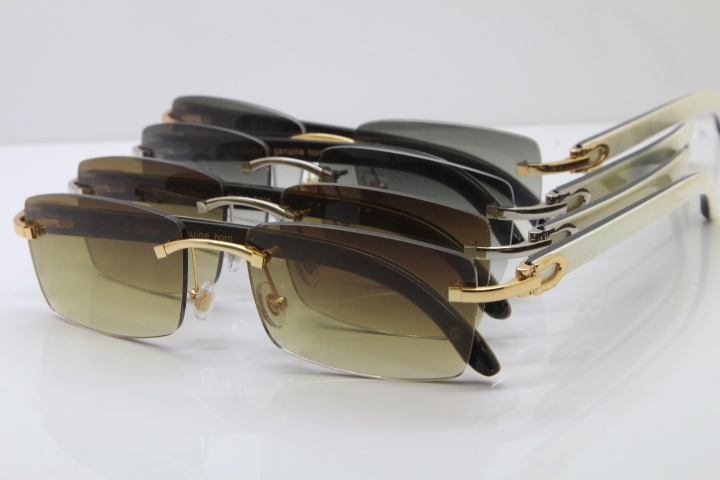 Hot Cartier Rimless 8200757 Original White Inside Black Buffalo Horn Sunglasses In Gold Brown Lnes