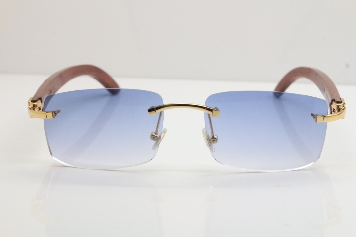 Cartier Rimless 8200757 SunGlasses Original Carved Wood Sunglasses in Gold Blue Lens