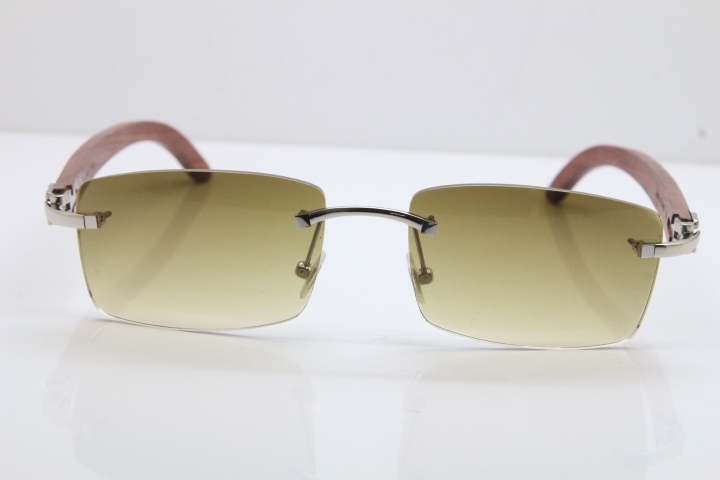 New Cartier Rimless 8200757 SunGlasses Original Carved Wood Sunglasses in Gold Brown Lens