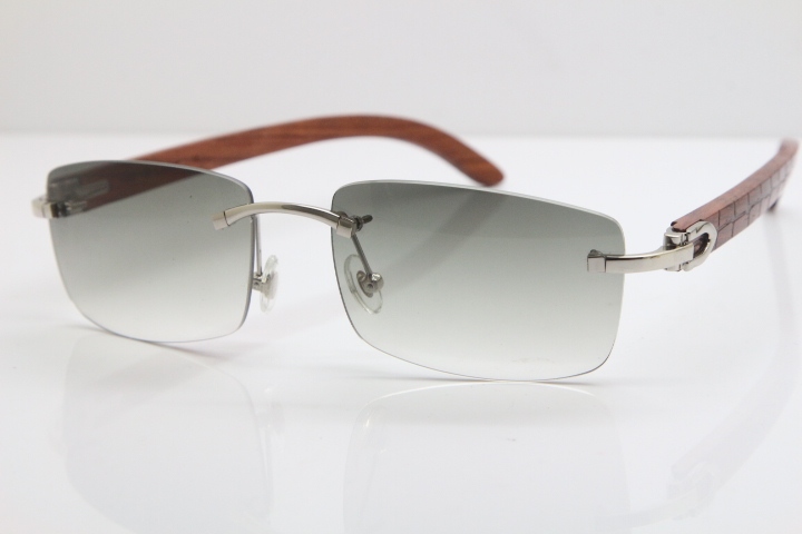 New Cartier Rimless 8200757 SunGlasses Original Carved Wood Sunglasses in Gold Light Green Lens