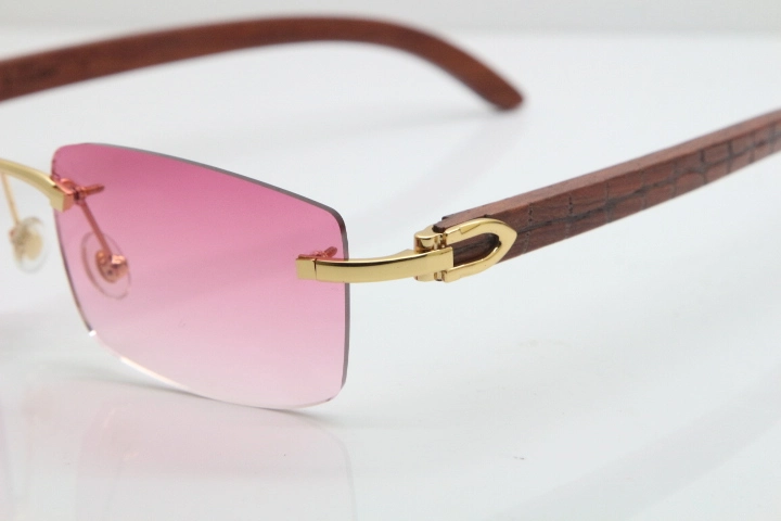 Cartier Rimless 8200757 SunGlasses Original Carved Wood Sunglasses in Gold Pink Lens