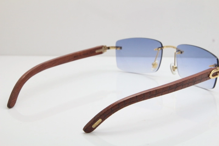 Cartier Rimless 8200757 SunGlasses Original Carved Wood Sunglasses in Gold Blue Lens