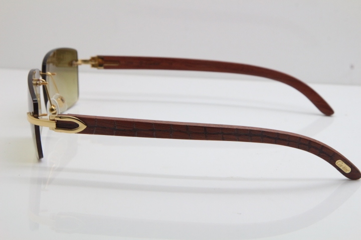 New Cartier Rimless 8200757 SunGlasses Original Carved Wood Sunglasses in Gold Brown Lens