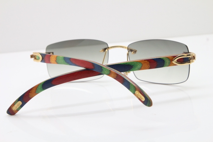 Cartier Rimless 8200757 SunGlasses Original Peacock Wood Sunglasses in Gold Light Green Lens