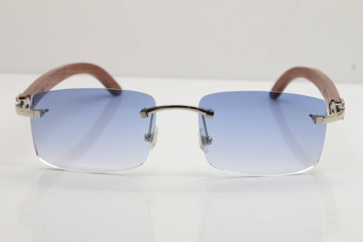 Cartier Rimless 8200757 SunGlasses Original Carved Wood Sunglasses in Gold Blue Lens