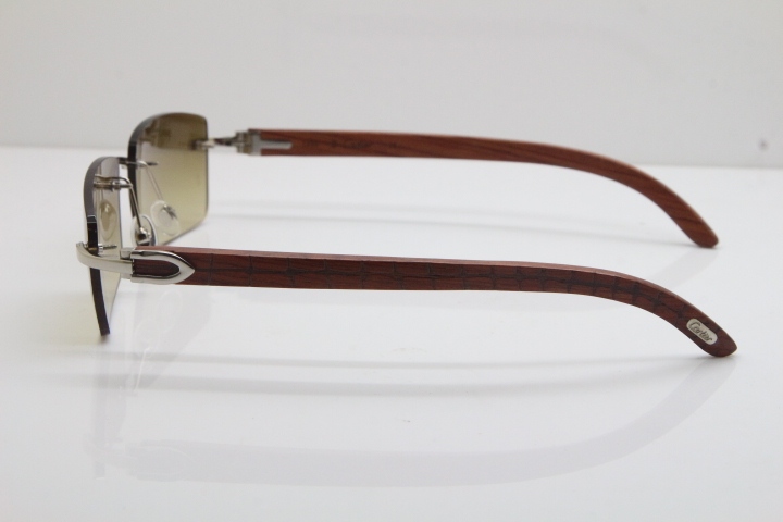 New Cartier Rimless 8200757 SunGlasses Original Carved Wood Sunglasses in Gold Brown Lens