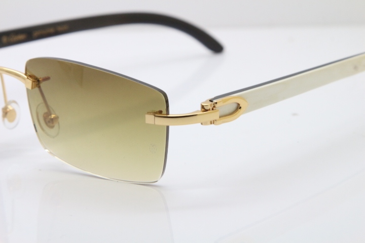 Hot Cartier Rimless 8200757 Original White Inside Black Buffalo Horn Sunglasses In Gold Brown Lnes