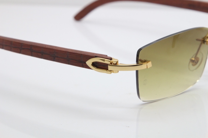 New Cartier Rimless 8200757 SunGlasses Original Carved Wood Sunglasses in Gold Brown Lens